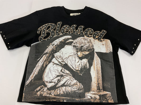 MND GMZ- Black "Praying Angel" Crop Shurt