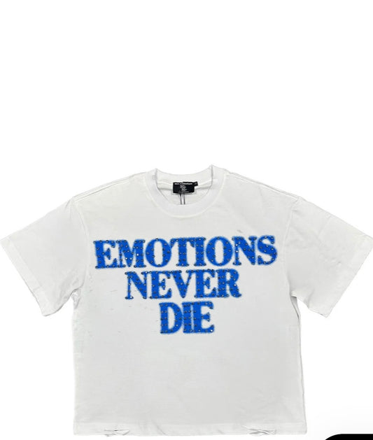 Mixed Emotions - White/Blue "Emotions Never Die" Shirt