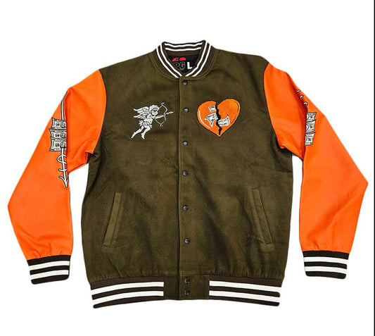 Rebel Minds - Heart Breaker Green & Orange Varsity Jacket